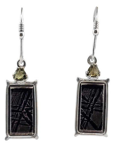 Meteorite with Trillion Cut Moldavite Earrings